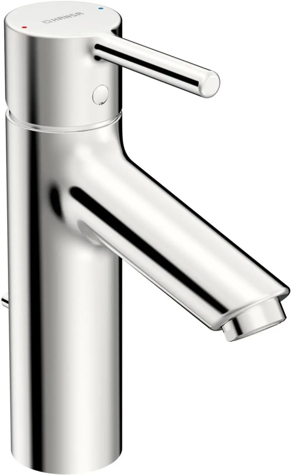 Waschtischbatterie mit einem klaren, modernen Design. Hochwertige Oberfläche in Chrom. Hergestellt von HANSA, ausgestattet mit einem Pinhebel und einer praktischen Zugstangen-Ablaufgarnitur.